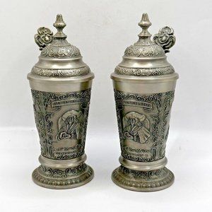 2 Vintage Werzinn Design German Pewter Lidded Mugs Steins 95% 3 Panel Embossed